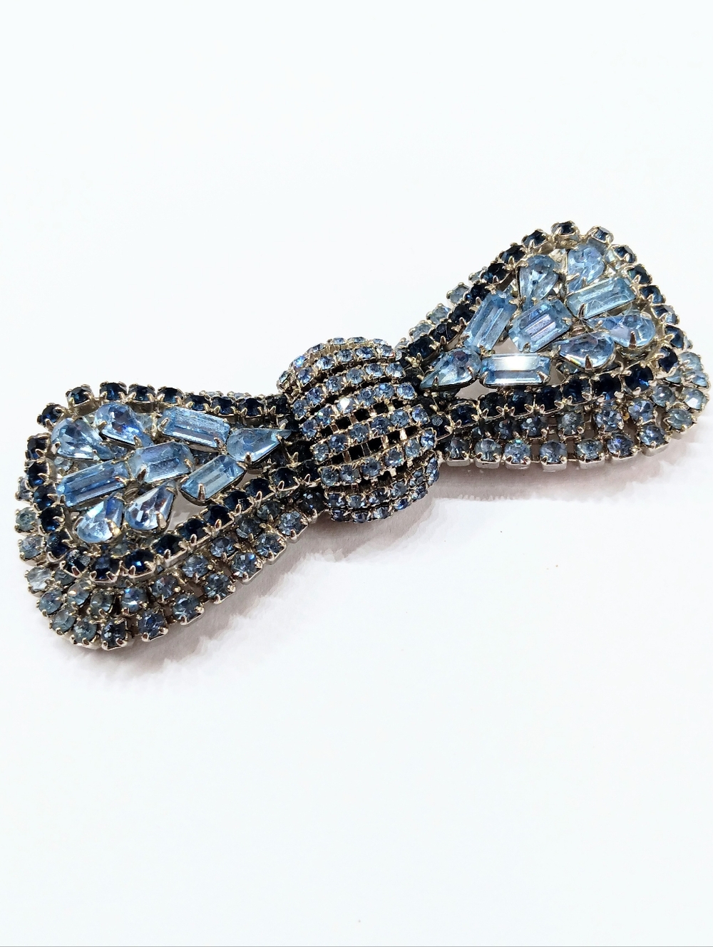 Vintage Huge Rhinestone Layered Blue Bow Brooch 3+"